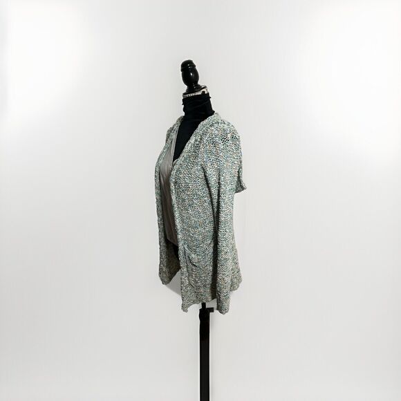 MOTH BY ANTHROPOLOGIE Nubby Knit Open-Front Hooded Cardigan Sweater Teal White M - Picture 4 of 8